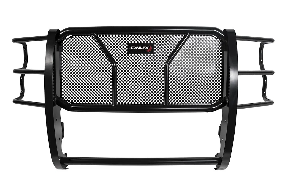 E0518B – TRAILFX Grille Guard, 1-Piece Powder Coated Black Steel 2 Inch Diameter With Brush Guard Without Skid Plate ...